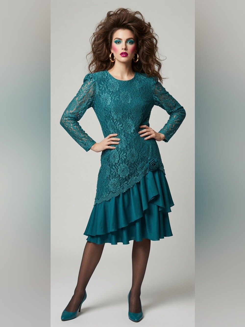 David Rose Vintage teal‎ lace dress Drop waist 1980's Size Small Prom Glam